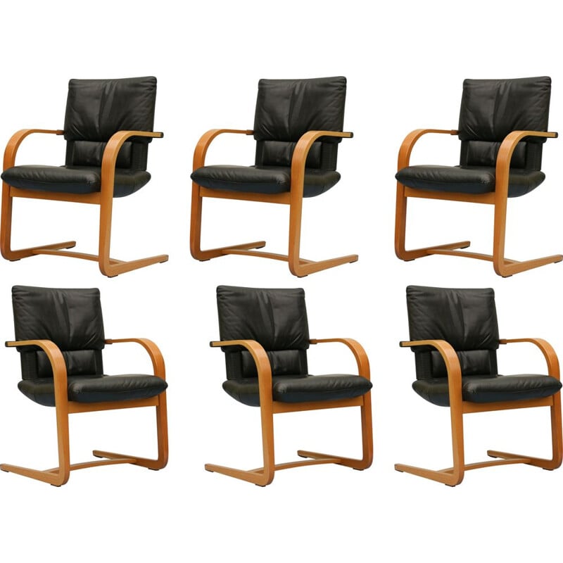 Set of 6 vintage Figura leather cantilever chairs by Mario Bellini for Vitra, 1990s