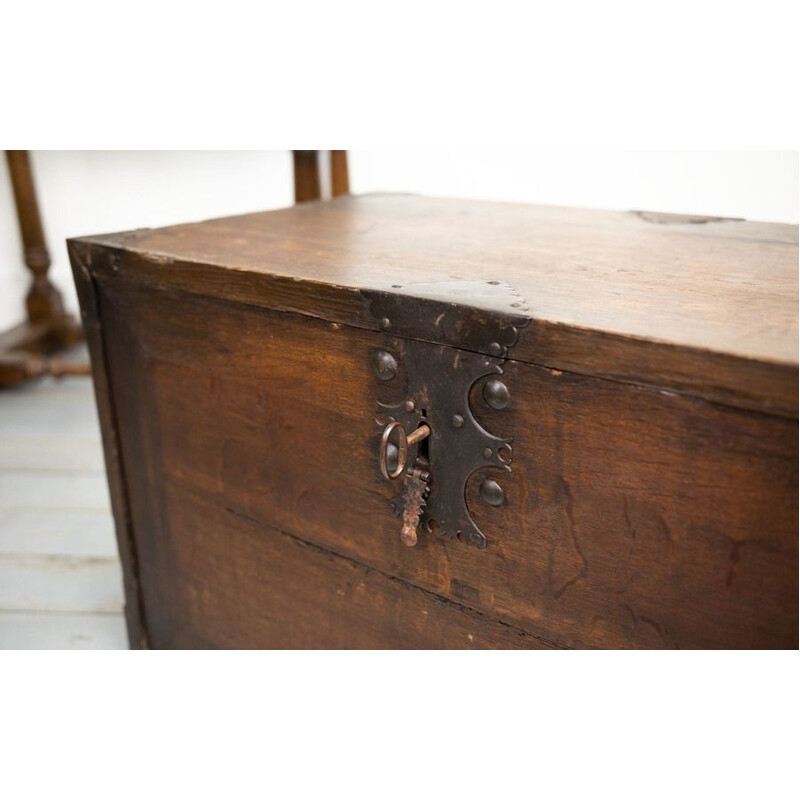 Vargueño vintage oak travel chest on stand