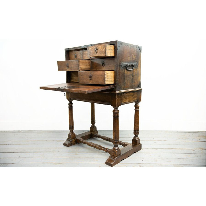 Vargueño vintage oak travel chest on stand