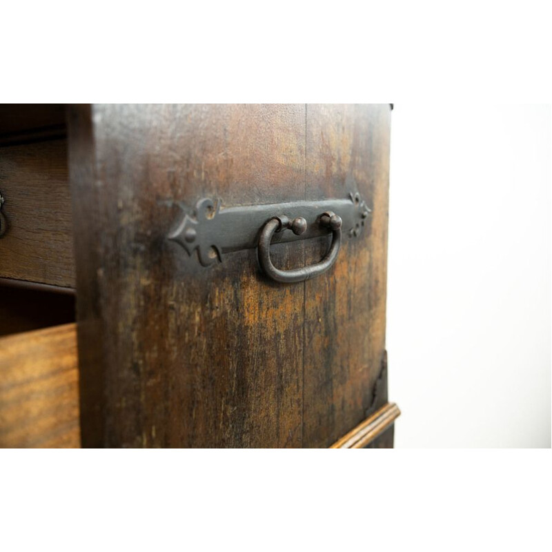 Vargueño vintage oak travel chest on stand