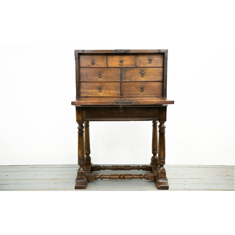 Vargueño vintage oak travel chest on stand