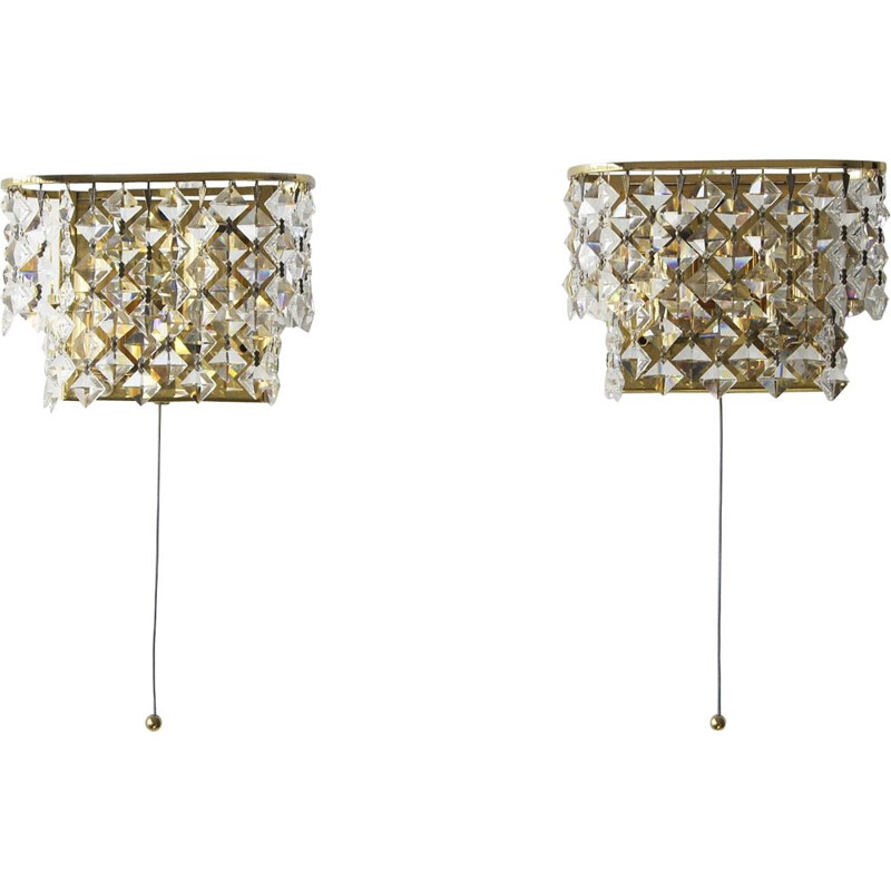 Pair of vintage Hollywood Regency brass & crystal glass wall lamps by Palwa