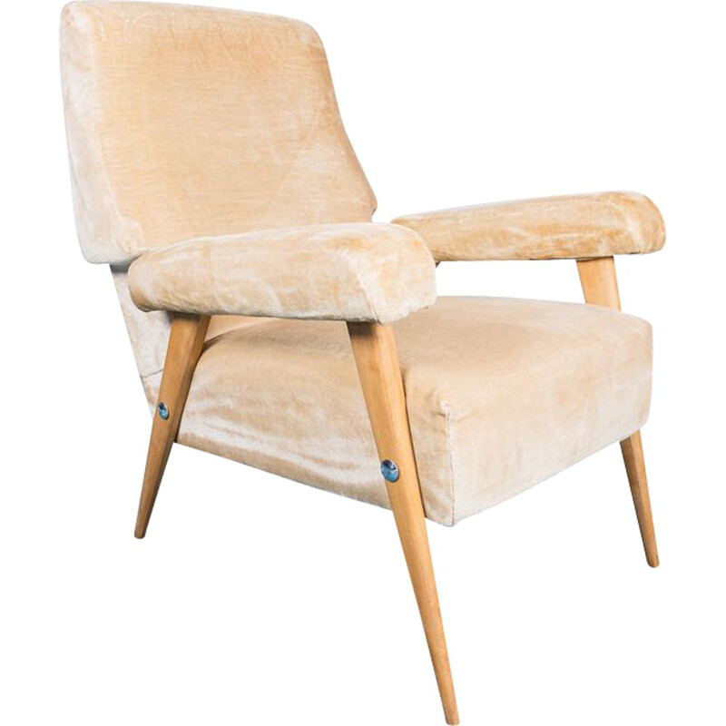 Vintage-Sessel aus Buchenholz und beigem Samtstoff, 1950