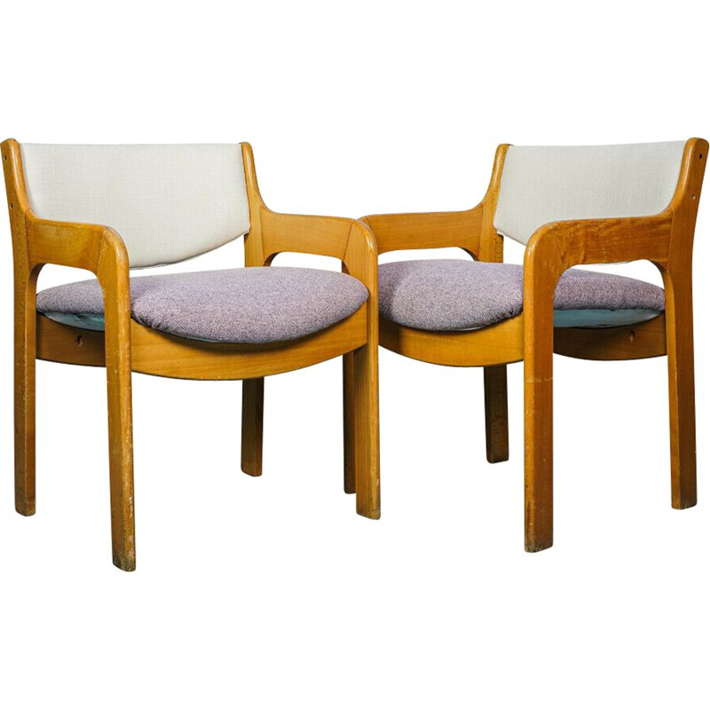 Pair of vintage office armchairs in wood and fabric, 1970s