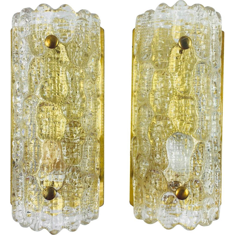 Pair of Scandinavian vintage glass & brass wall lamps by Carl Fagerlund for Orrefors & Lyfa, 1960s