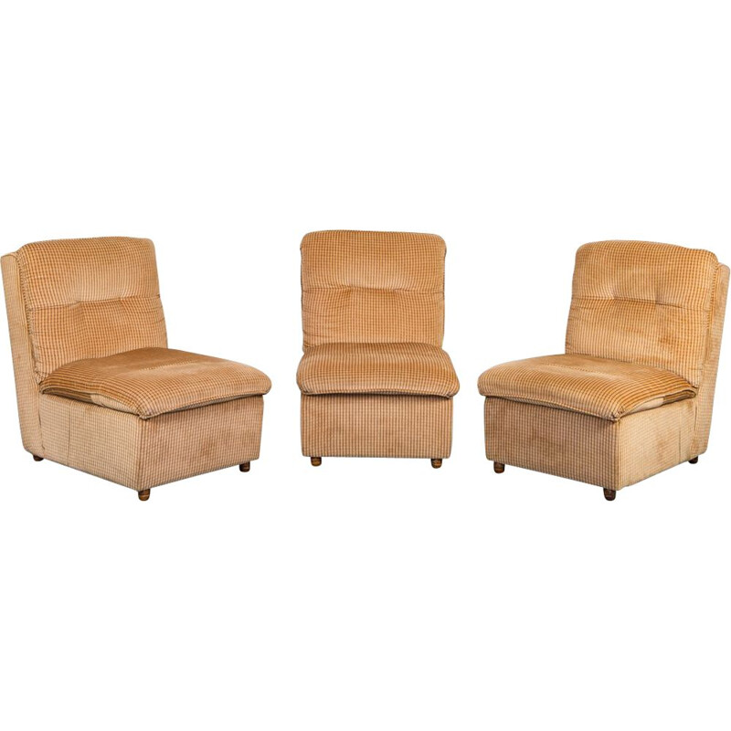 Set of 3 vintage modular wooden and velvet armchairs, 1970s