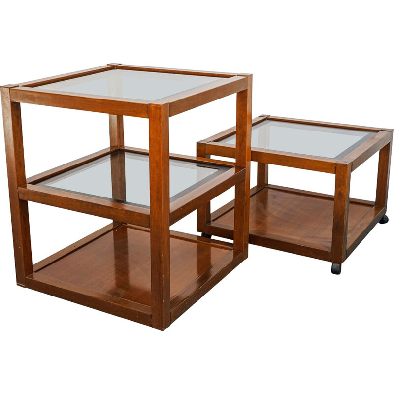 Pair of vintage cherry wood and glass side tables with wheels