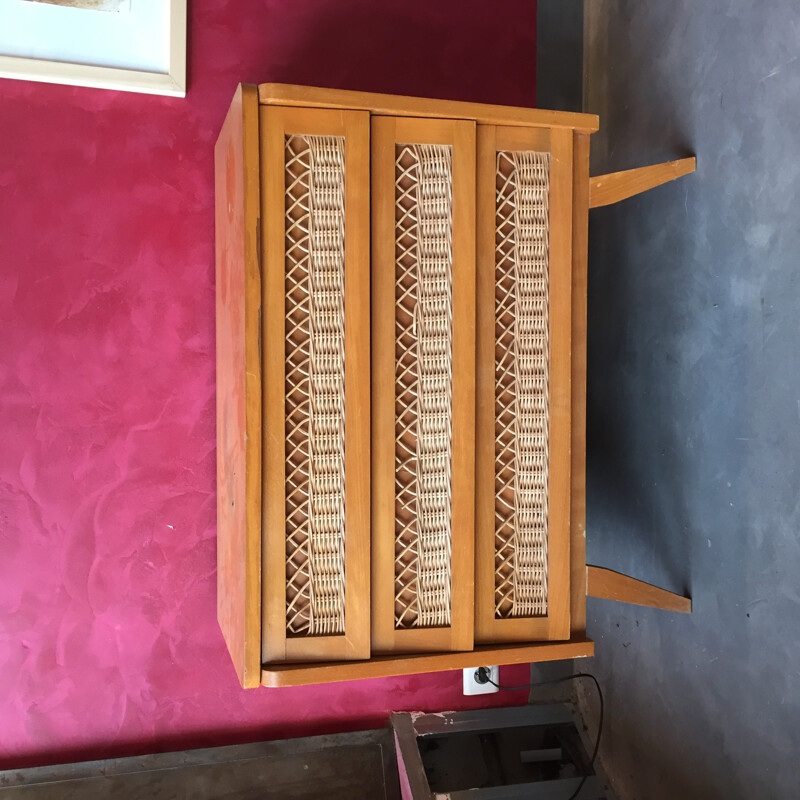 Small Commode in Oak and Rattan - 1960s