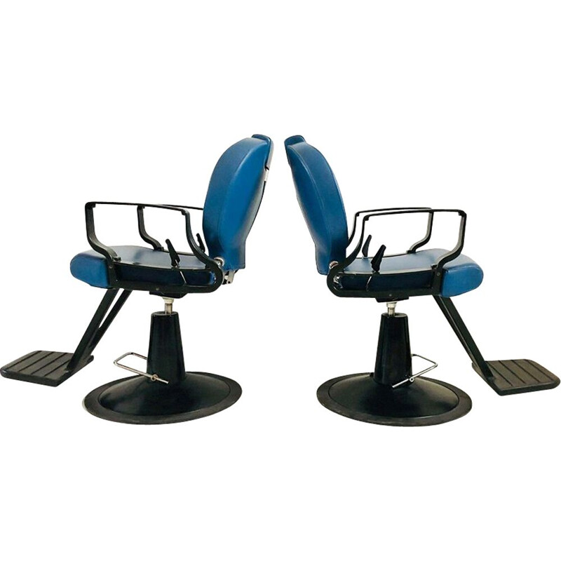 Pair of vintage blue and black reclining barber chair, 1980s