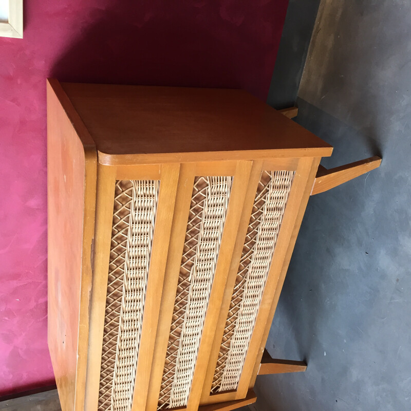 Small Commode in Oak and Rattan - 1960s