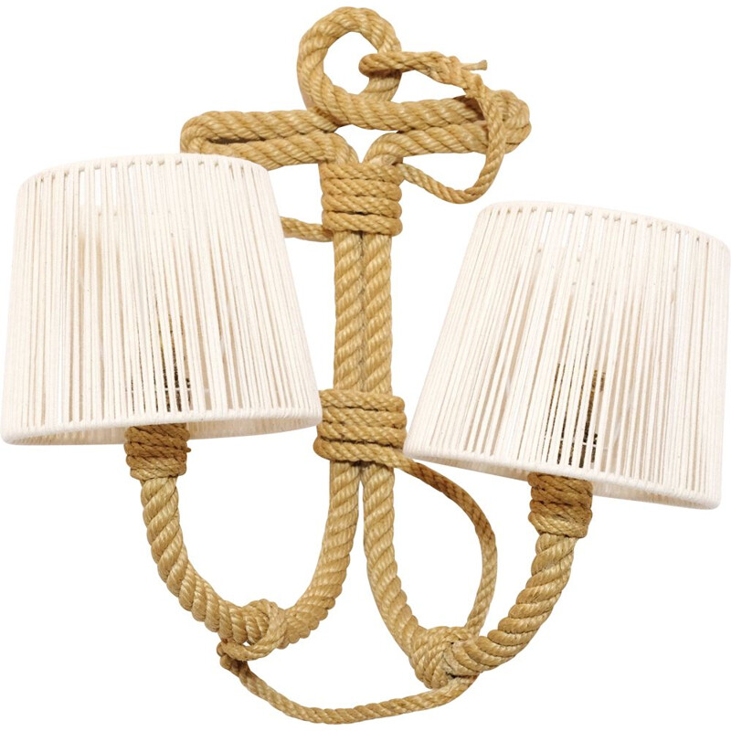 Vintage two-light wall lamp in braided rope, 1950-1960