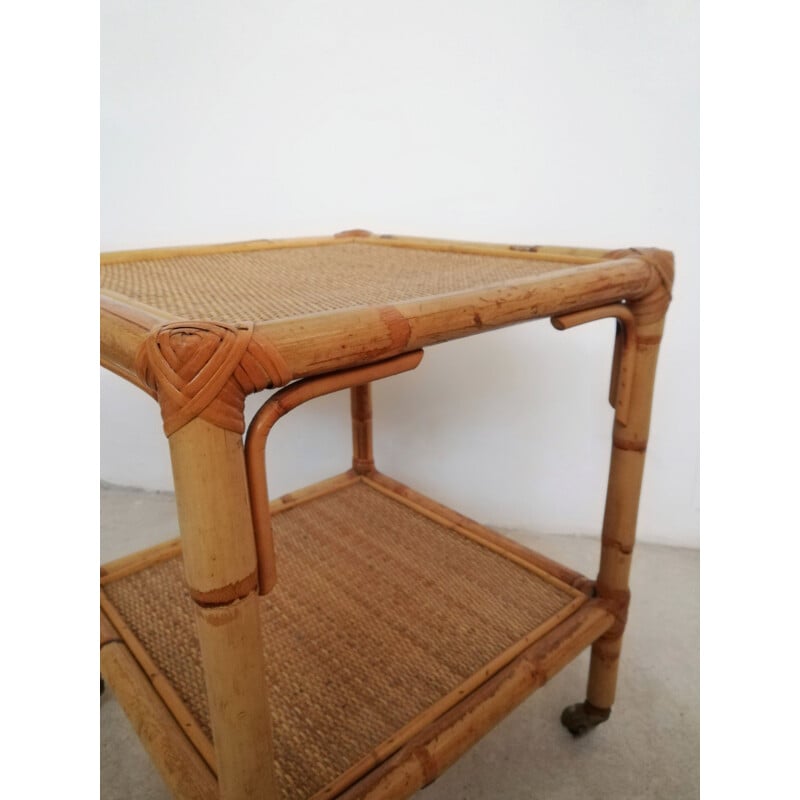 Vintage serving table with wheels & two rattan and bamboo shelves, Italy 1970s
