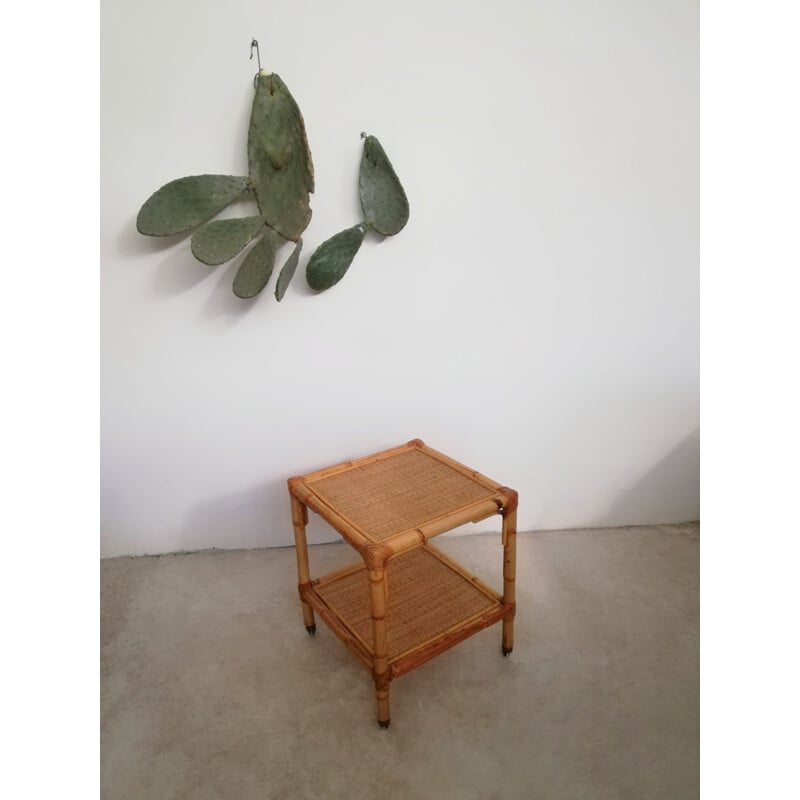 Vintage serving table with wheels & two rattan and bamboo shelves, Italy 1970s