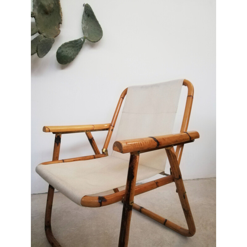 Vintage bamboo & fabric folding armchair, 1960s