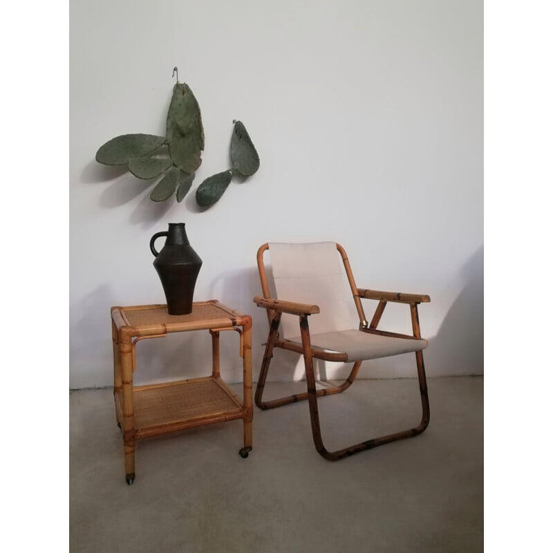 Fauteuil pliant vintage en bambou et tissu, 1960