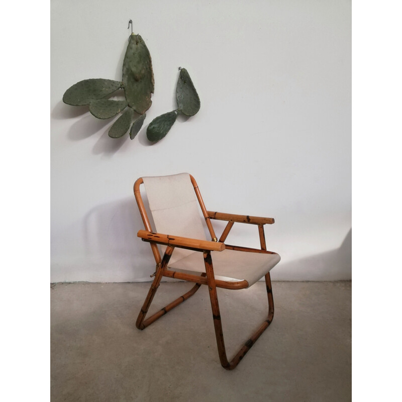 Vintage bamboo & fabric folding armchair, 1960s