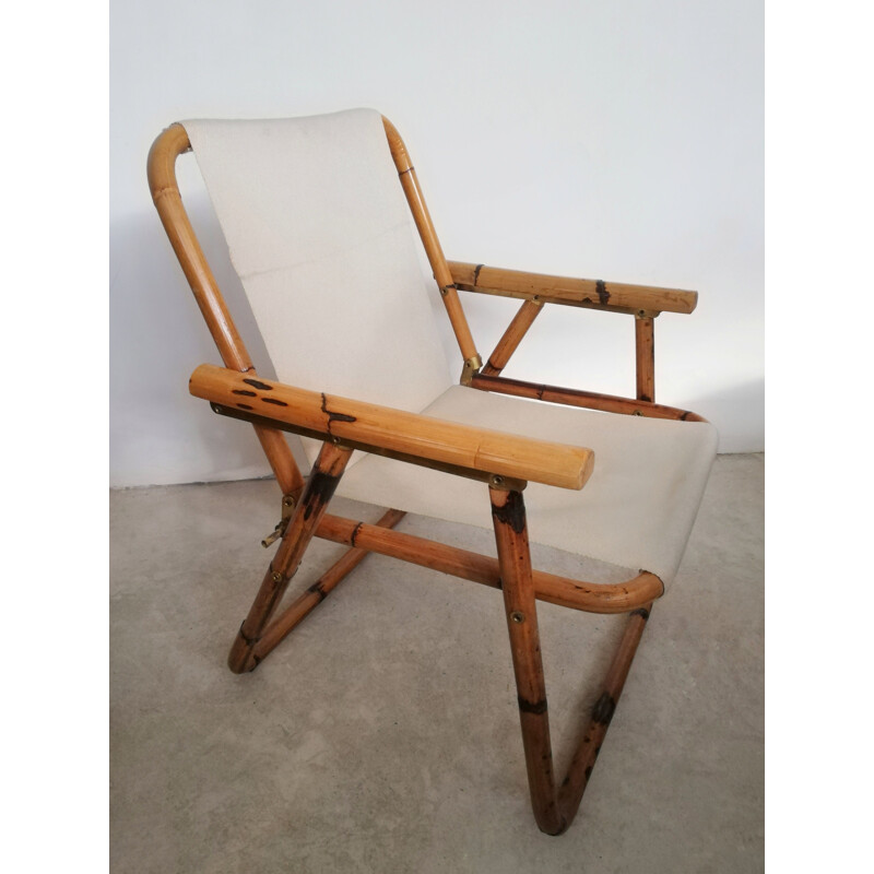 Vintage bamboo & fabric folding armchair, 1960s
