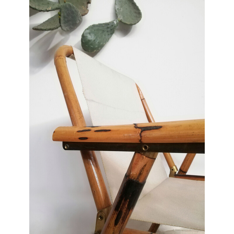 Vintage bamboo & fabric folding armchair, 1960s