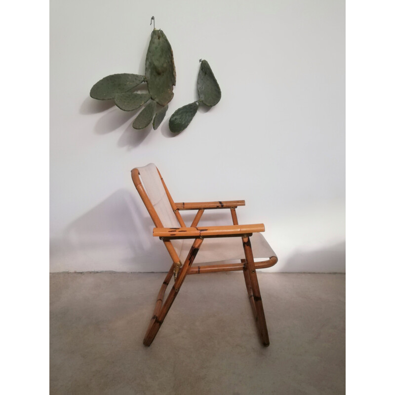 Vintage bamboo & fabric folding armchair, 1960s
