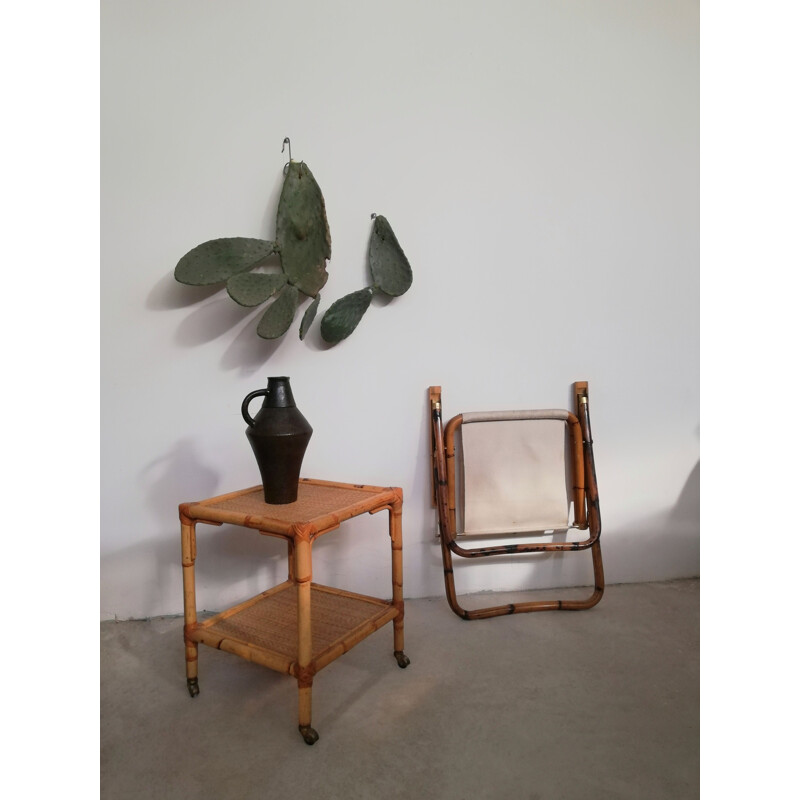 Vintage bamboo & fabric folding armchair, 1960s