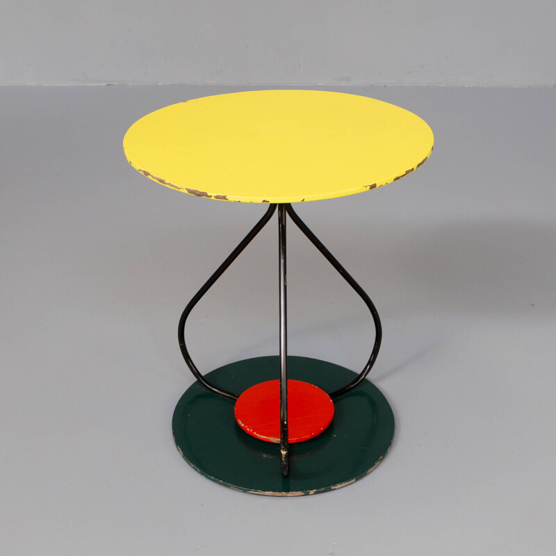 Vintage round metal and lacquered wooden French side table, 1970s