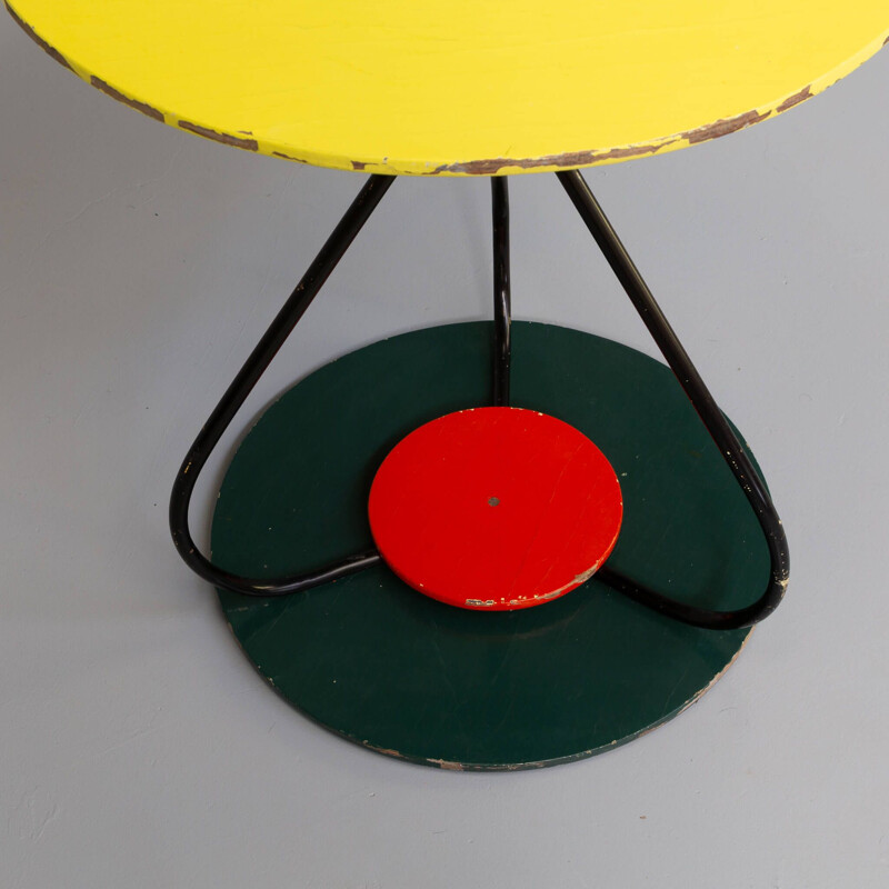 Vintage round metal and lacquered wooden French side table, 1970s
