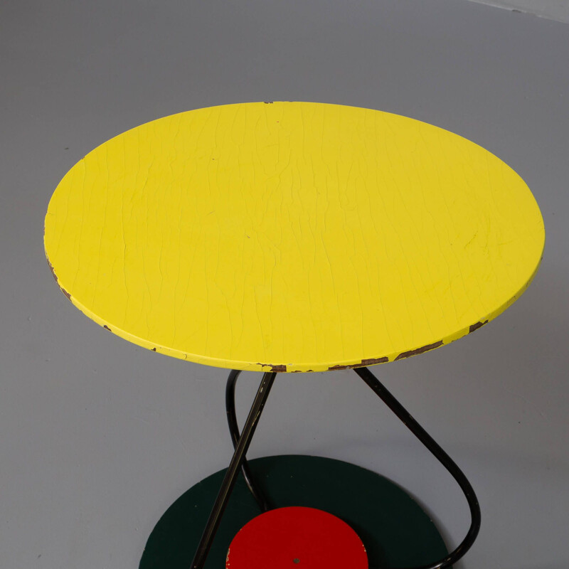 Vintage round metal and lacquered wooden French side table, 1970s