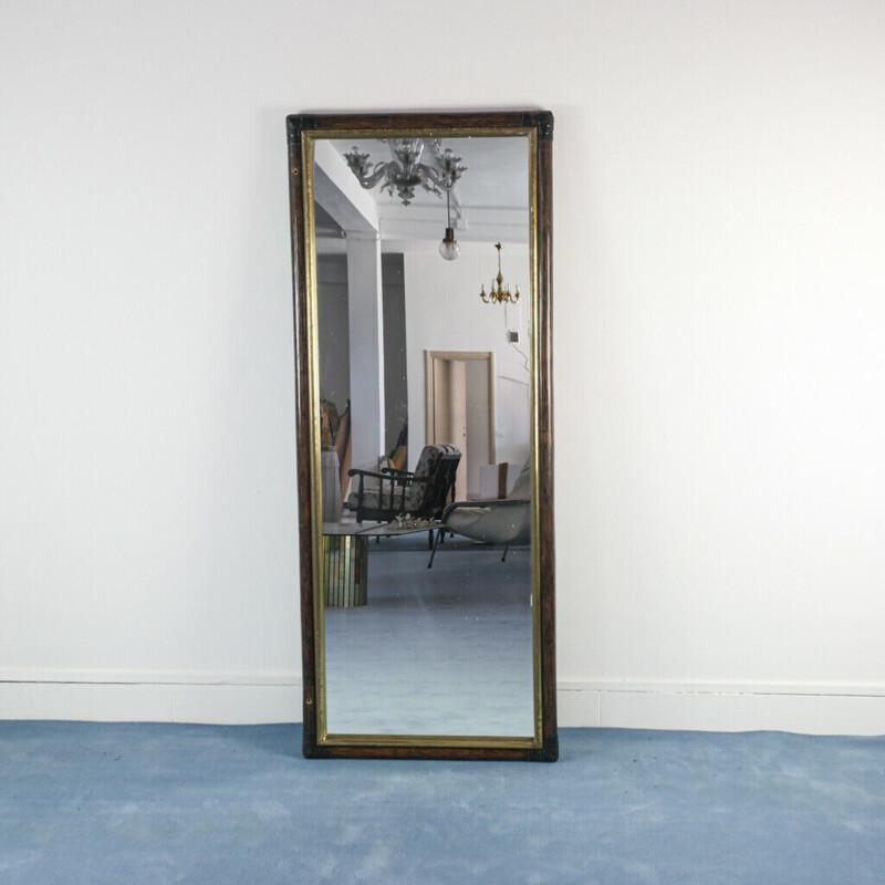 Vintage wooden mirror with brown and brass colored bamboo frame, 1970s