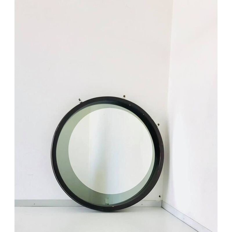 Vintage round brown wooden wall mirror