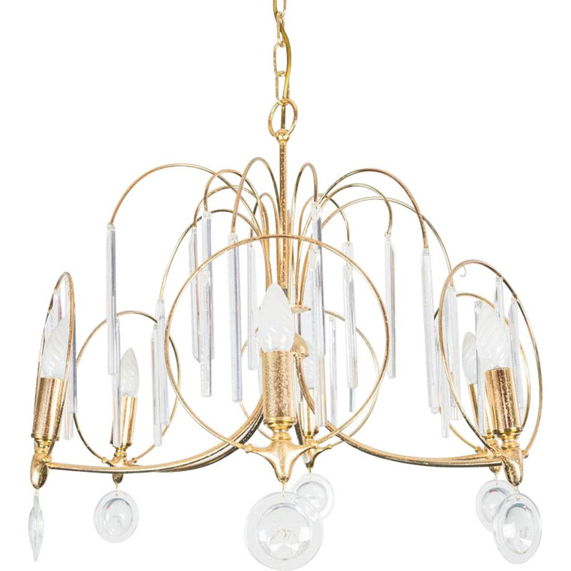 Vintage brass and glass 6-light pendant lamp, 1970