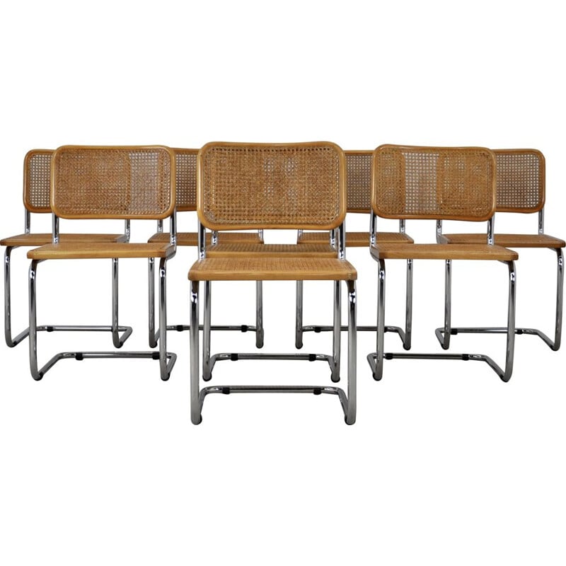 Set of 8 vintage B32 chairs in wood, metal and cane by Marcel Breuer