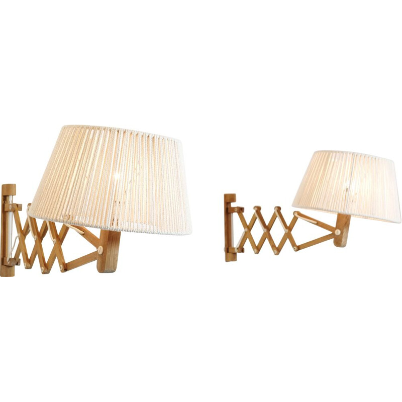 Pair of vintage pine accordion wall lamps with cotton cord shade, 1970-1980