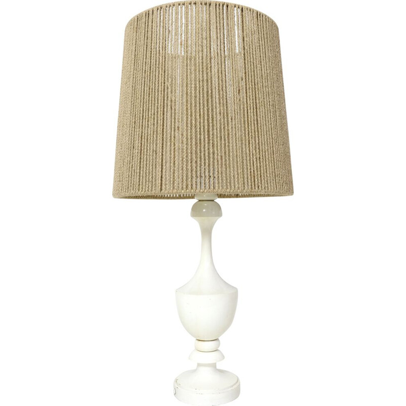 Vintage turned wood table lamp with rope shade, 1970