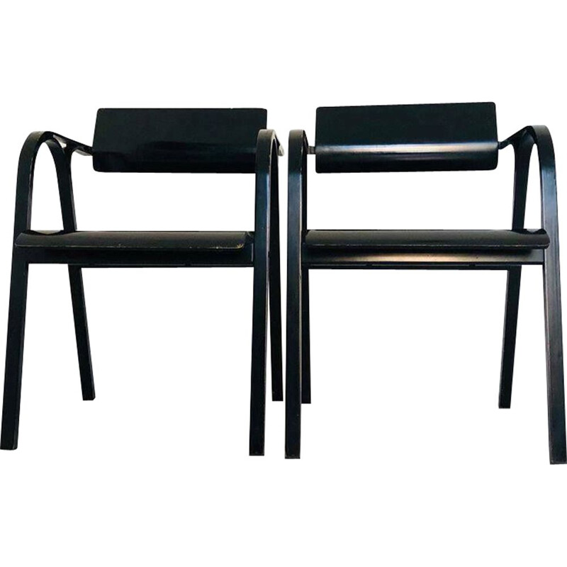 Pair of vintage armchairs in black lacquered wood by Stoppino and Meneghetti, 1980