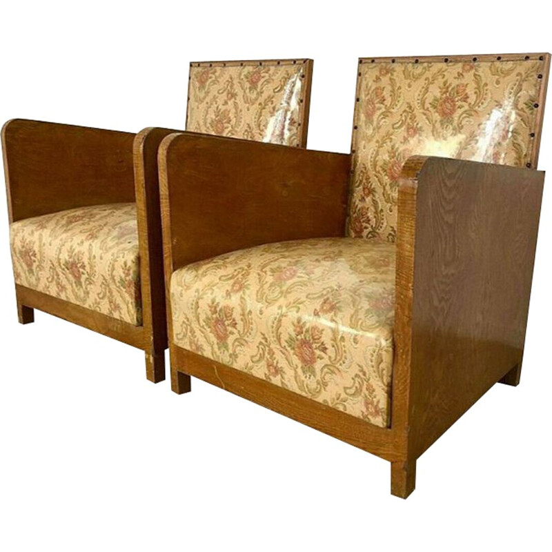Paar Vintage-Sessel mit Holzstruktur und Stoffbezug, 1940
