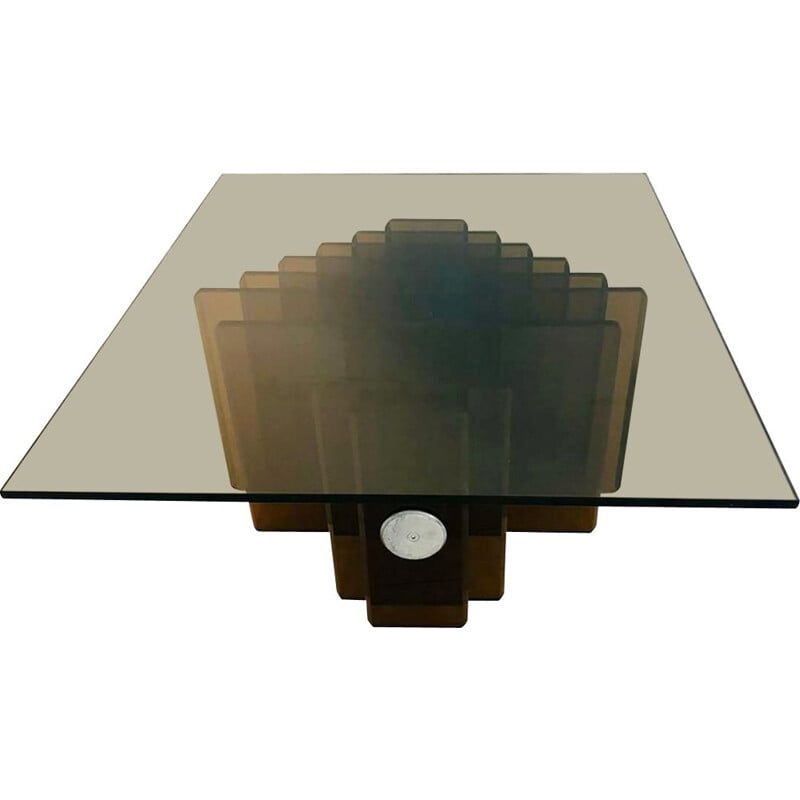 Vintage coffee table with smoked glass base and shelf, 1970