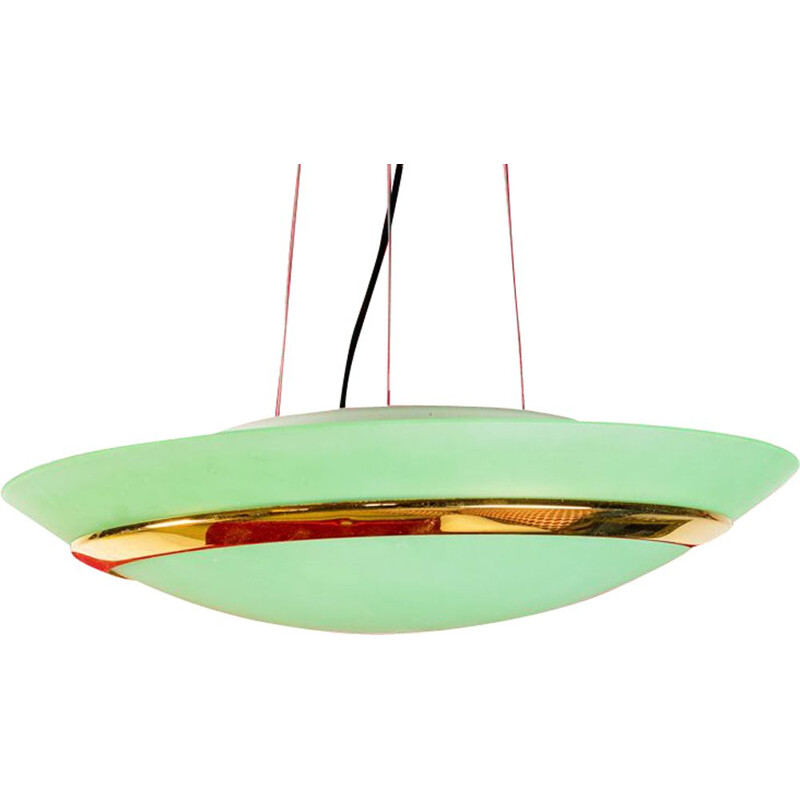 Lustre vintage en laiton et verre vert opale, 1960