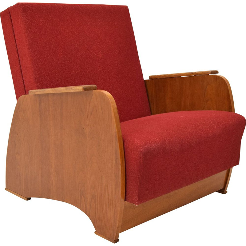 Vintage converteerbare fauteuil in hout en stof, Tsjechoslowakije 1960