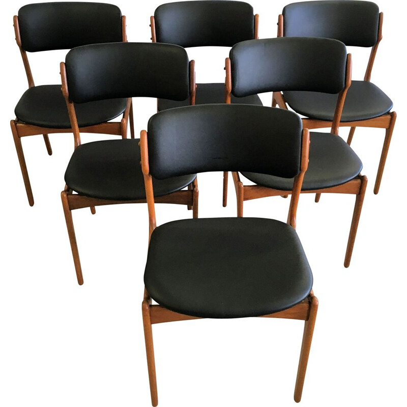 Set of 6 vintage dining chairs in black leather and teak by Erik Buch for Oddense Maskinsnedkeri, 1960