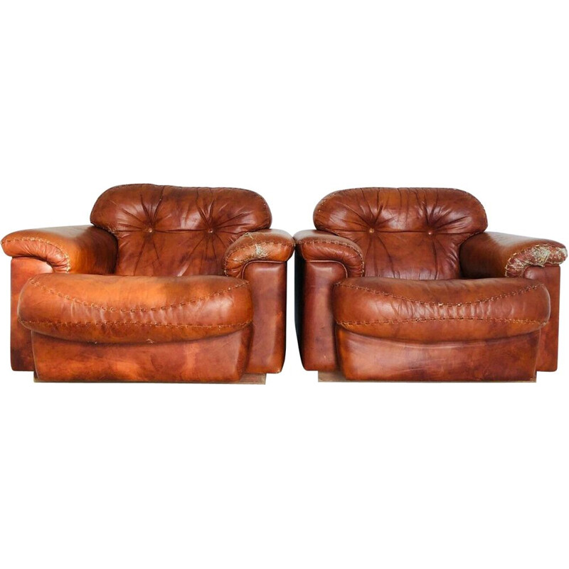 Pair of vintage brown leather armchairs, 1970s