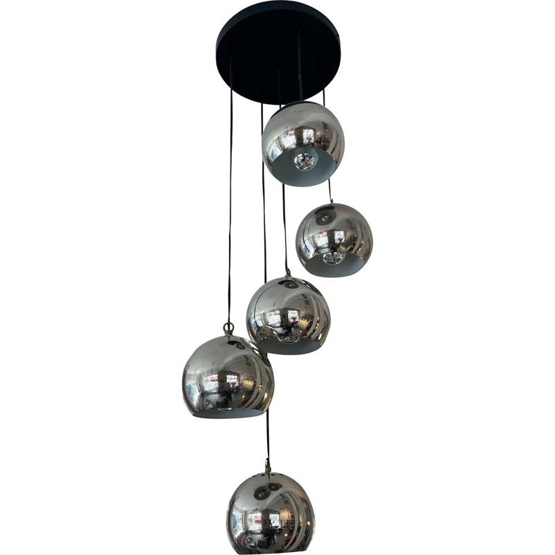 Vintage 5-globe chrome-plated metal pendant lamp, 1970