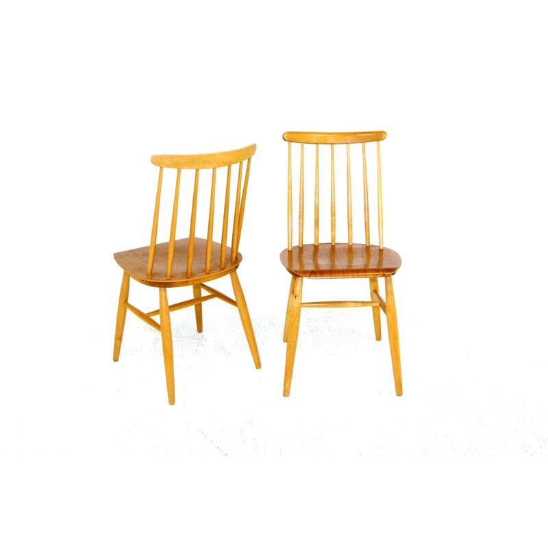 Pair of vintage beech and teak "pinnstol" chairs, Sweden 1960