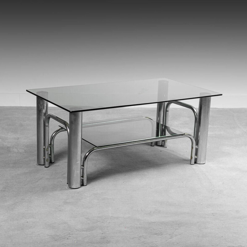 Vintage coffee table in chromed metal and smoked glass, 1970s