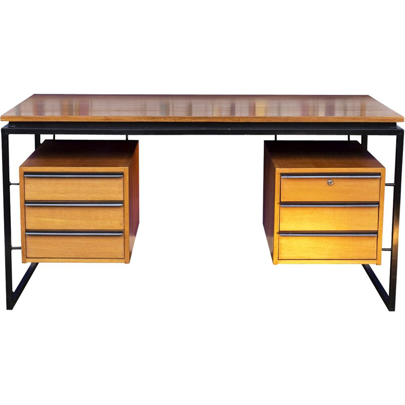 Vintage oak and lacquered metal desk, France 1970