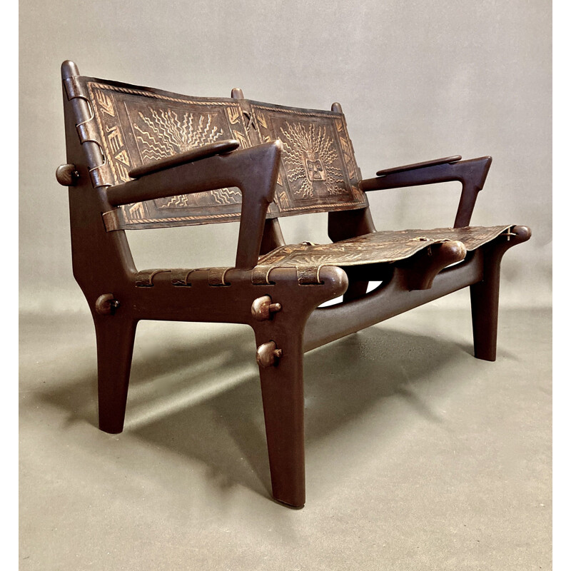 Vintage-Sofa aus Holz und Leder von Angel Pazmino, 1960