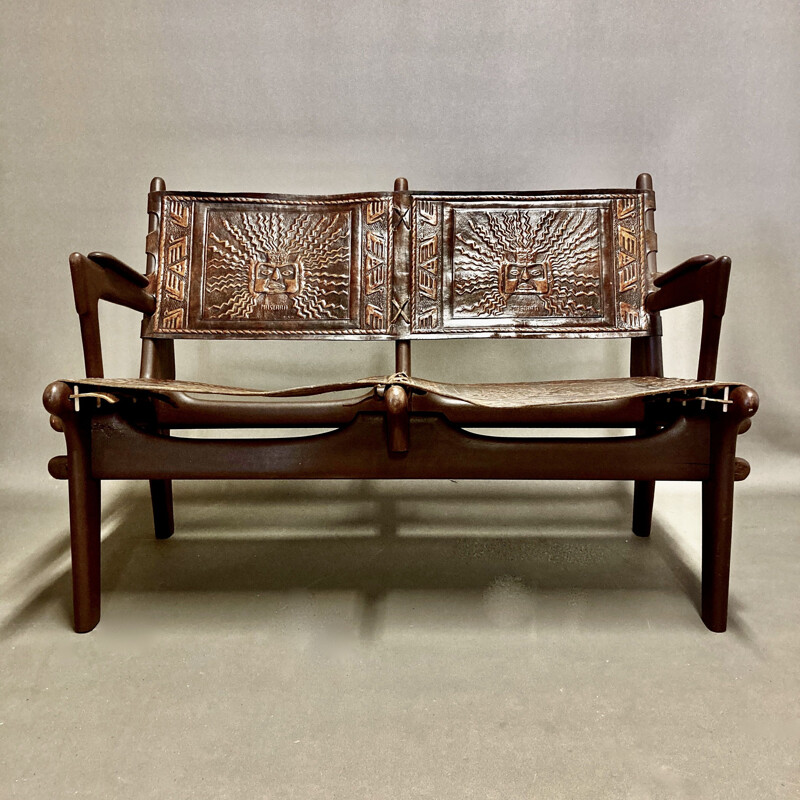 Vintage-Sofa aus Holz und Leder von Angel Pazmino, 1960