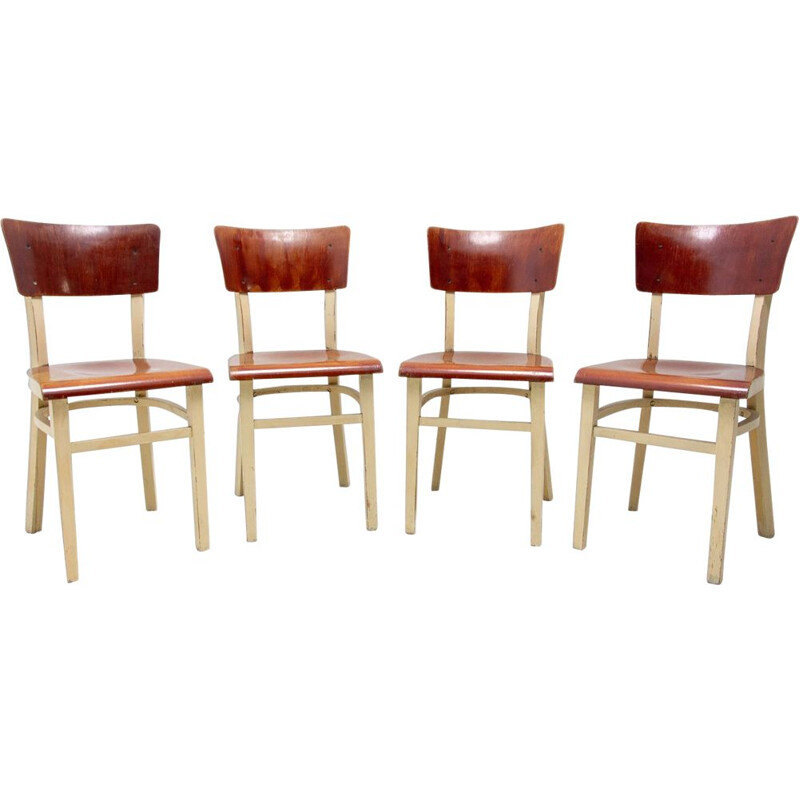 Set of 4 vintage dining wooden chairs, Czechoslovakia 1950s