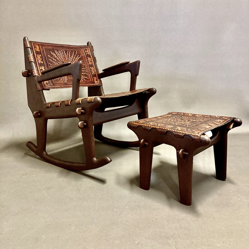 Vintage wood and leather rocking chair and ottoman by Angel Pazmino, 1960