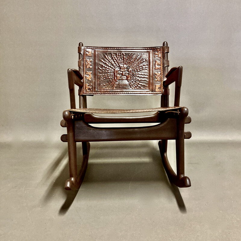 Vintage wood and leather rocking chair and ottoman by Angel Pazmino, 1960