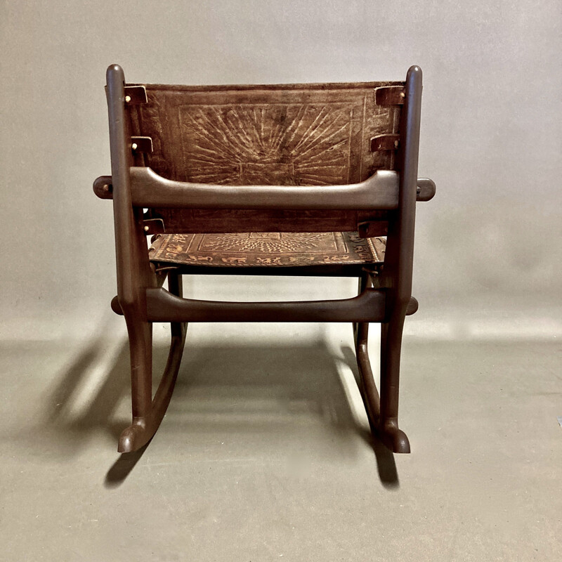 Vintage wood and leather rocking chair and ottoman by Angel Pazmino, 1960